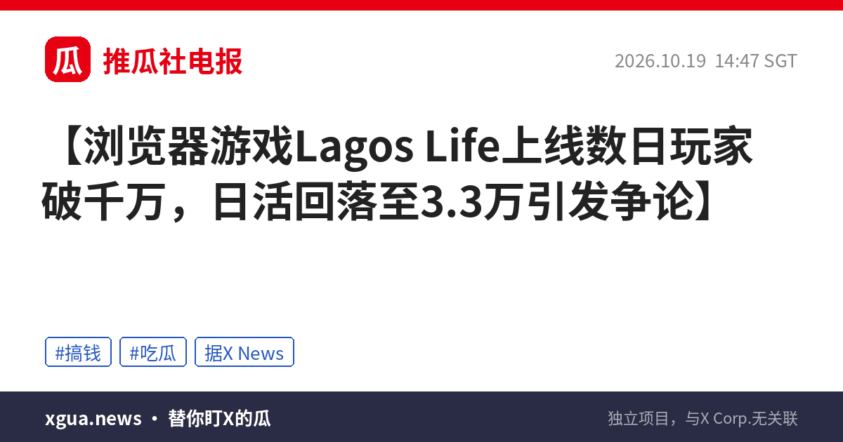 浏览器游戏Lagos Life上线数日玩家破千万，日活回落至3.3万引发争论