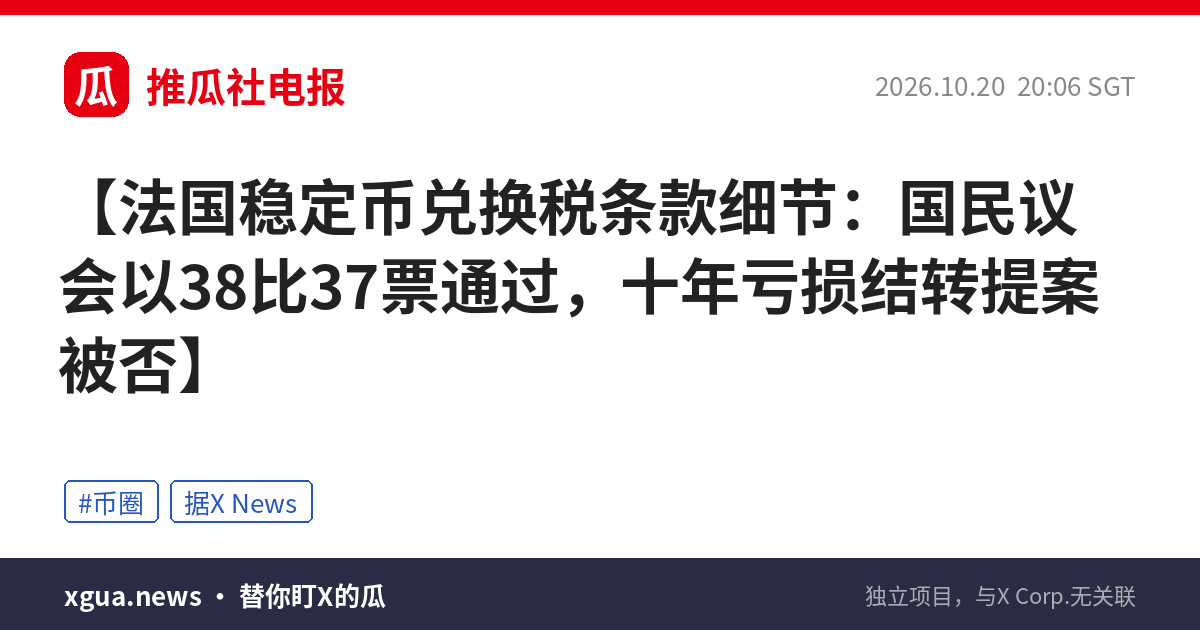法国稳定币兑换税条款细节：国民议会以38比37票通过，十年亏损结转提案被否