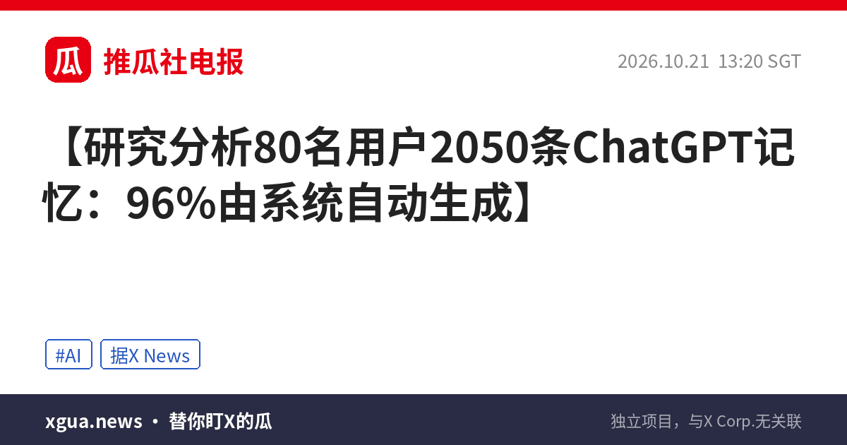 研究分析80名用户2050条ChatGPT记忆：96%由系统自动生成