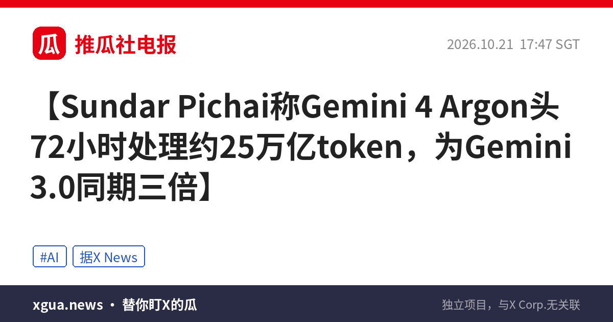 Sundar Pichai称Gemini 4 Argon头72小时处理约25万亿token，为Gemini 3.0同期三倍