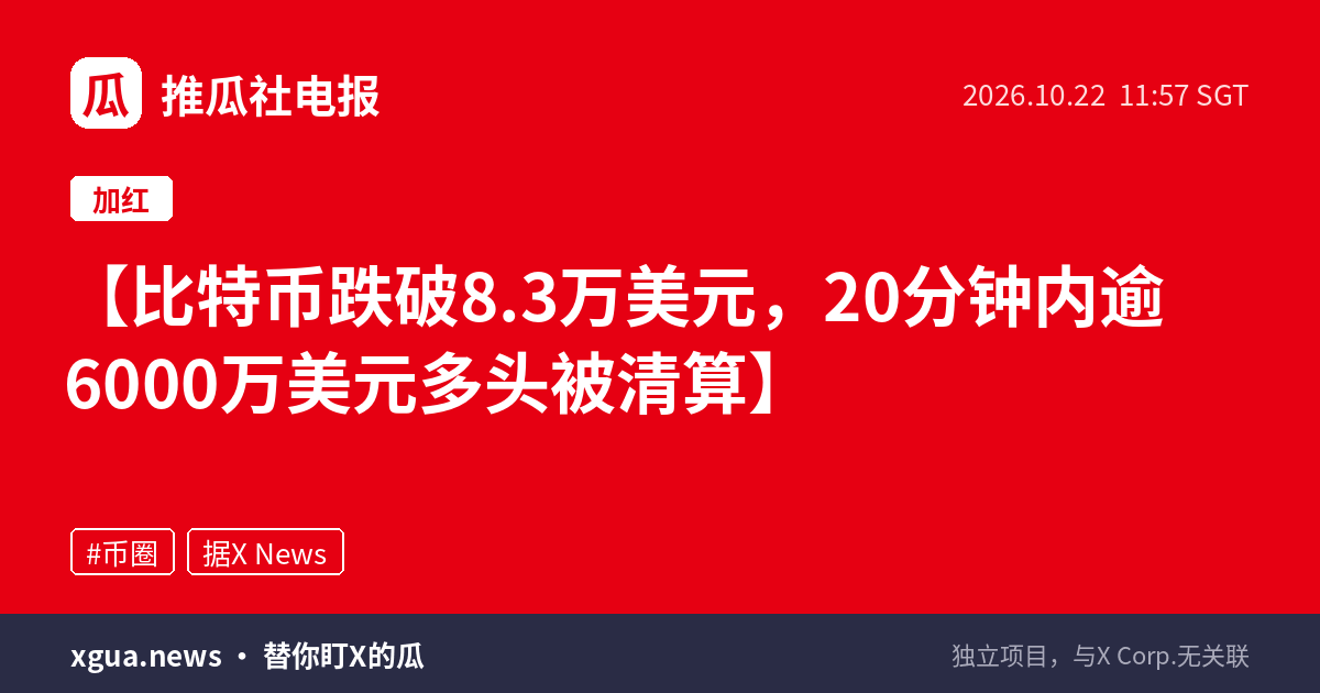 比特币跌破8.3万美元，20分钟内逾6000万美元多头被清算