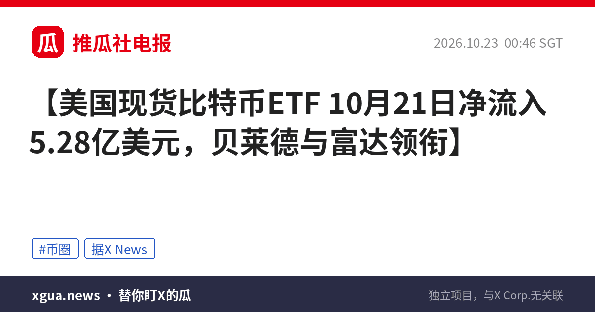 美国现货比特币ETF 10月21日净流入5.28亿美元，贝莱德与富达领衔